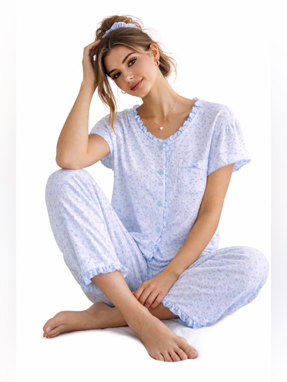 Karen Neuburger Blue Floral Pajama Set Small Cozy Cottagecore Sleepwear